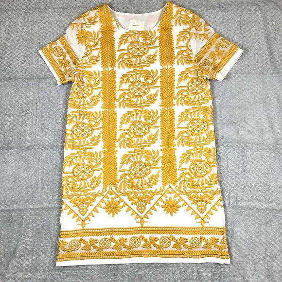 All:Row Dress Womens Large Yellow Embroidered Short Sleeve Mini - Picture 1 of 15